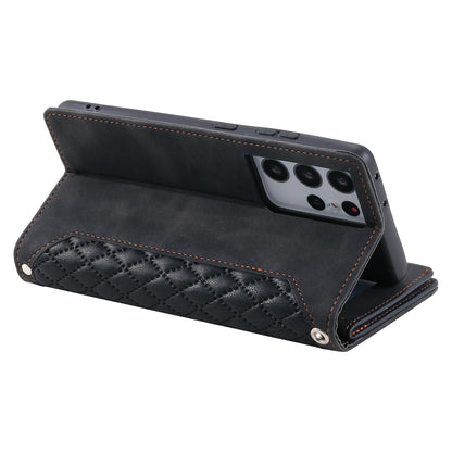 005 Style for Samsung Galaxy S21 Ultra 5G Rhombus Texture Leather Stand Case Zipper Pocket Wallet Phone Cover with Wrist Strap