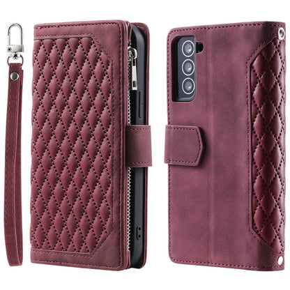 005 Style for Samsung Galaxy S21+ 5G Zipper Pocket Rhombus Texture PU Leather Case Phone Stand Wallet Cover with Wrist Strap