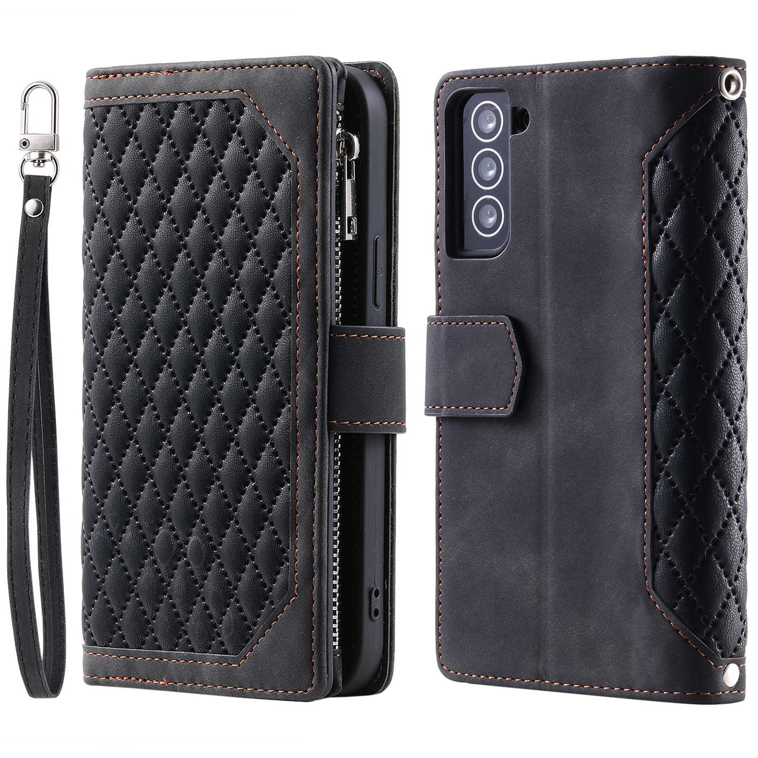 005 Style for Samsung Galaxy S21+ 5G Zipper Pocket Rhombus Texture PU Leather Case Phone Stand Wallet Cover with Wrist Strap