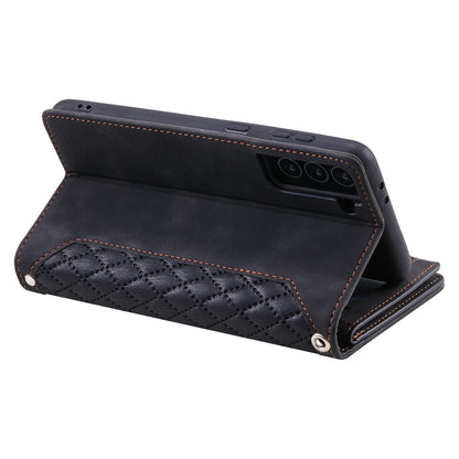 005 Style for Samsung Galaxy S21+ 5G Zipper Pocket Rhombus Texture PU Leather Case Phone Stand Wallet Cover with Wrist Strap