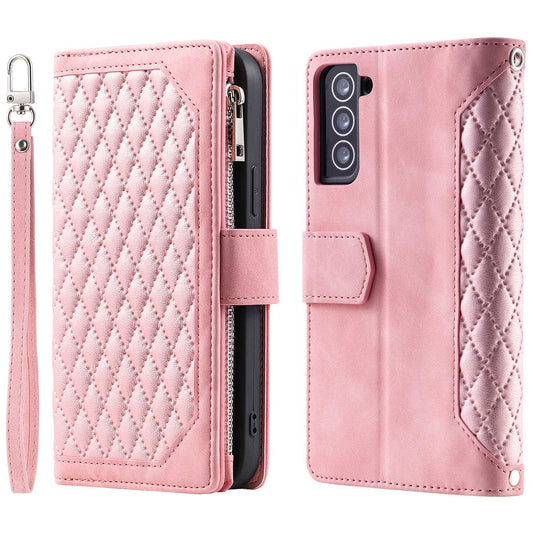 005 Style for Samsung Galaxy S21+ 5G Zipper Pocket Rhombus Texture PU Leather Case Phone Stand Wallet Cover with Wrist Strap