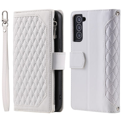 005 Style for Samsung Galaxy S21+ 5G Zipper Pocket Rhombus Texture PU Leather Case Phone Stand Wallet Cover with Wrist Strap