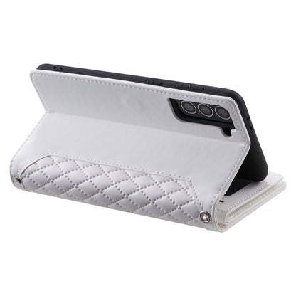 005 Style for Samsung Galaxy S21+ 5G Zipper Pocket Rhombus Texture PU Leather Case Phone Stand Wallet Cover with Wrist Strap