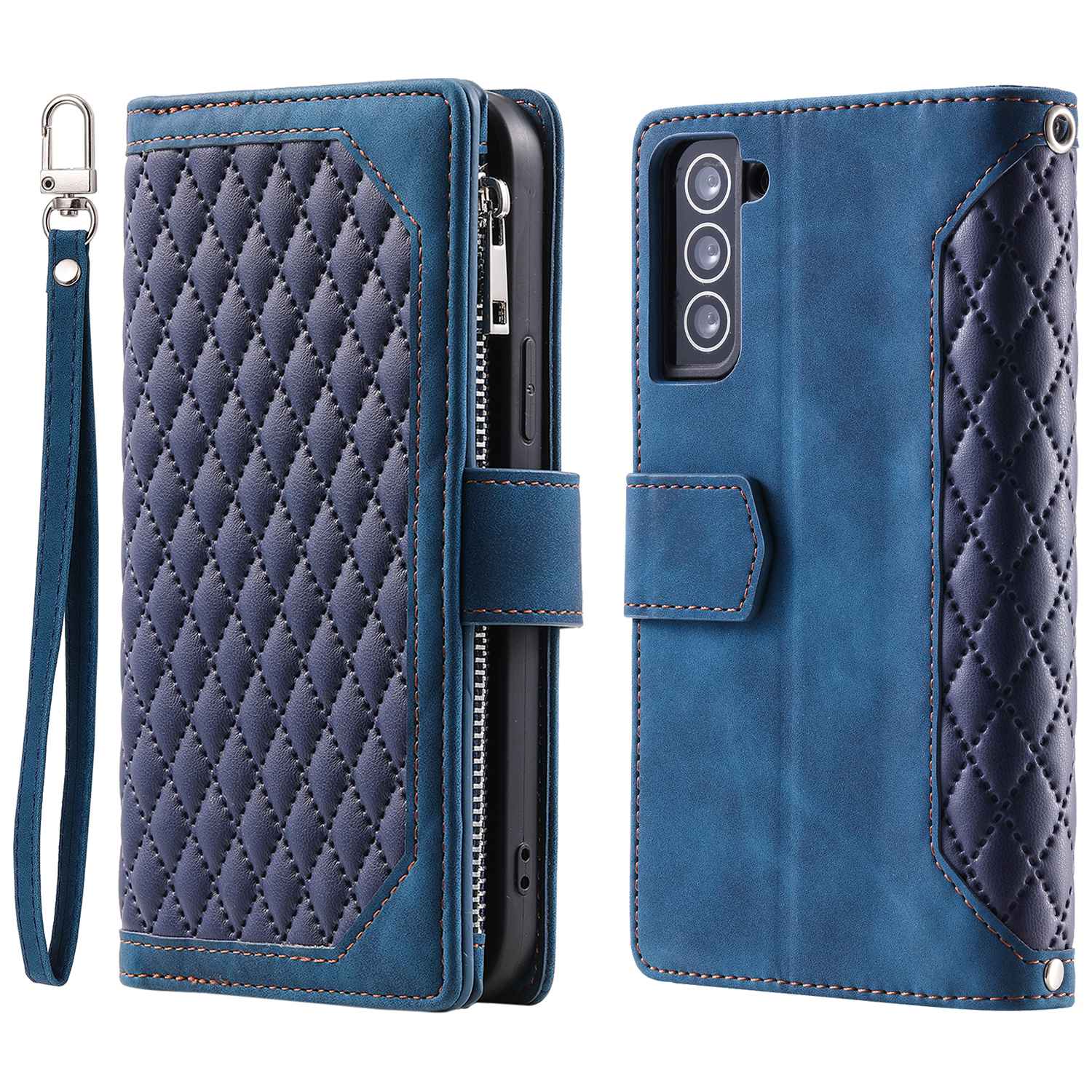 005 Style for Samsung Galaxy S21 FE 5G Rhombus Texture Anti-drop Phone Case PU Leather Zipper Pocket Stand Wallet Cover with Wrist Strap