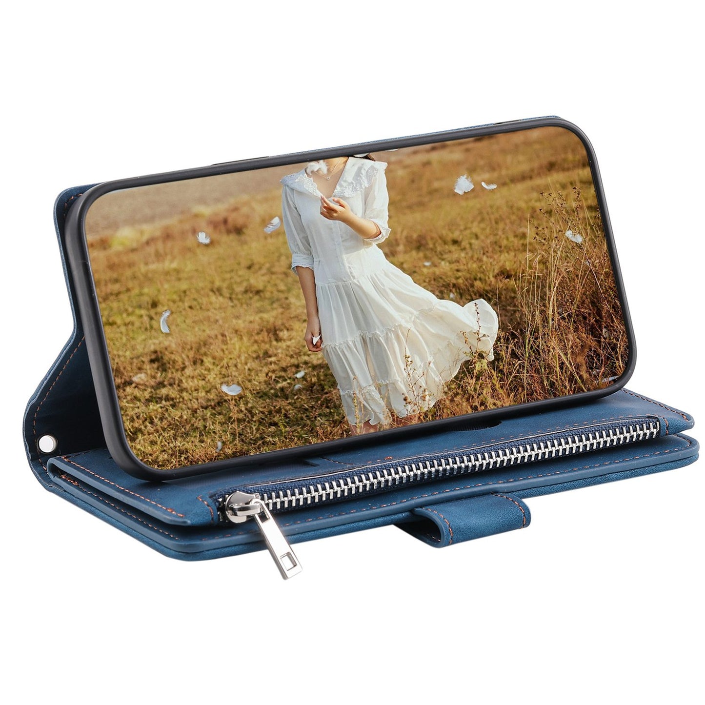 005 Style for Samsung Galaxy S21 FE 5G Rhombus Texture Anti-drop Phone Case PU Leather Zipper Pocket Stand Wallet Cover with Wrist Strap