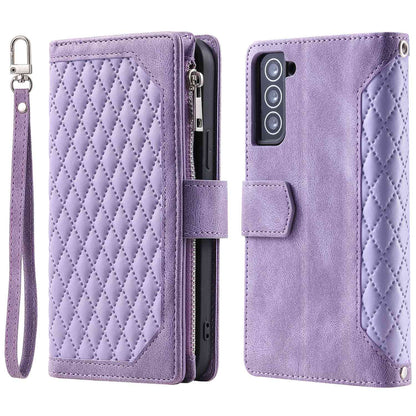 005 Style for Samsung Galaxy S21 FE 5G Rhombus Texture Anti-drop Phone Case PU Leather Zipper Pocket Stand Wallet Cover with Wrist Strap