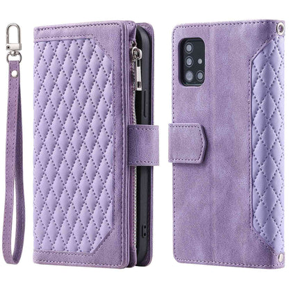 005 Style Rhombus Texture Phone Case for Samsung Galaxy A71 4G SM-A715, Zipper Pocket Leather Stand Wallet Cover with Wrist Strap