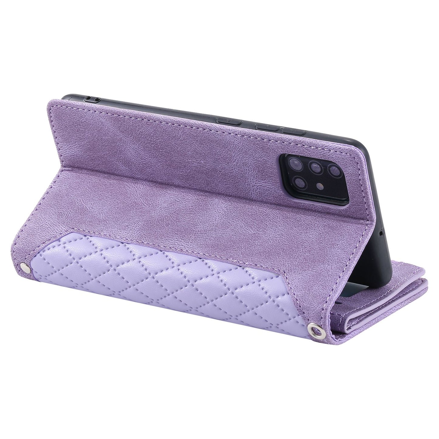 005 Style Rhombus Texture Phone Case for Samsung Galaxy A71 4G SM-A715, Zipper Pocket Leather Stand Wallet Cover with Wrist Strap