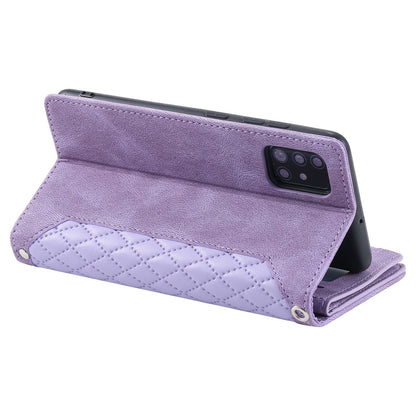 005 Style Rhombus Texture Phone Case for Samsung Galaxy A71 4G SM-A715, Zipper Pocket Leather Stand Wallet Cover with Wrist Strap