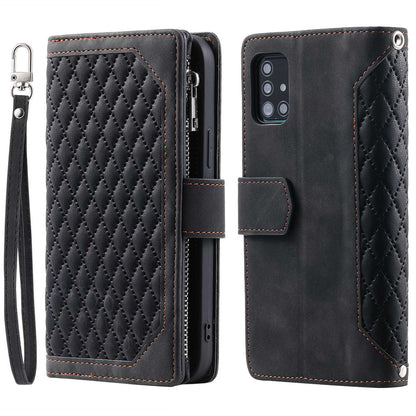 005 Style Rhombus Texture Phone Case for Samsung Galaxy A71 4G SM-A715, Zipper Pocket Leather Stand Wallet Cover with Wrist Strap