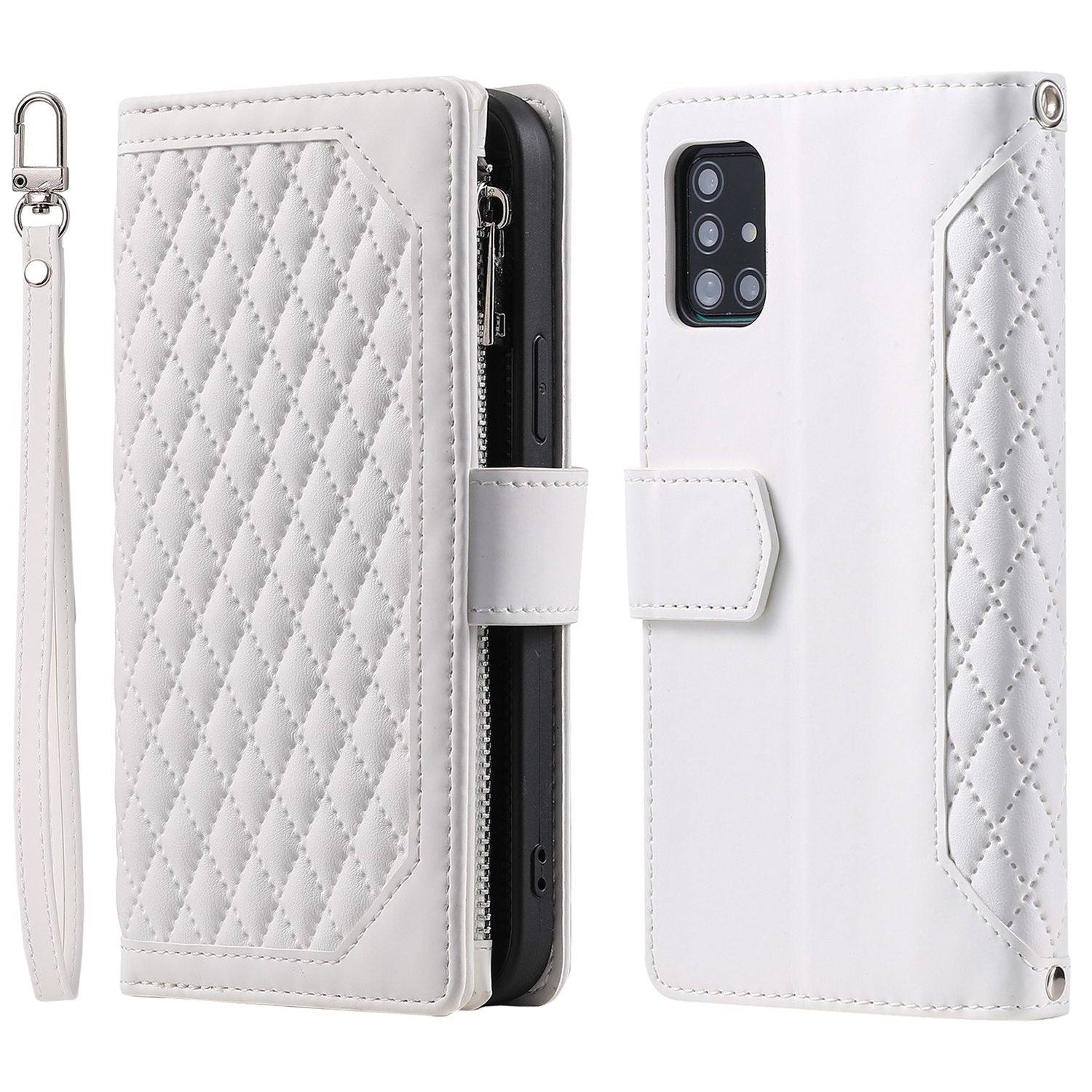 005 Style Rhombus Texture Phone Case for Samsung Galaxy A71 4G SM-A715, Zipper Pocket Leather Stand Wallet Cover with Wrist Strap