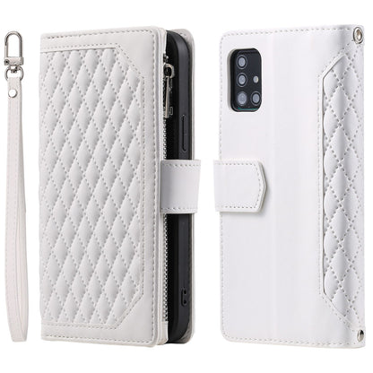 005 Style Rhombus Texture Phone Case for Samsung Galaxy A71 4G SM-A715, Zipper Pocket Leather Stand Wallet Cover with Wrist Strap