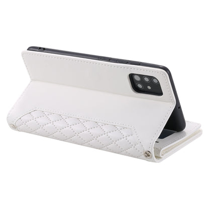 005 Style Rhombus Texture Phone Case for Samsung Galaxy A71 4G SM-A715, Zipper Pocket Leather Stand Wallet Cover with Wrist Strap