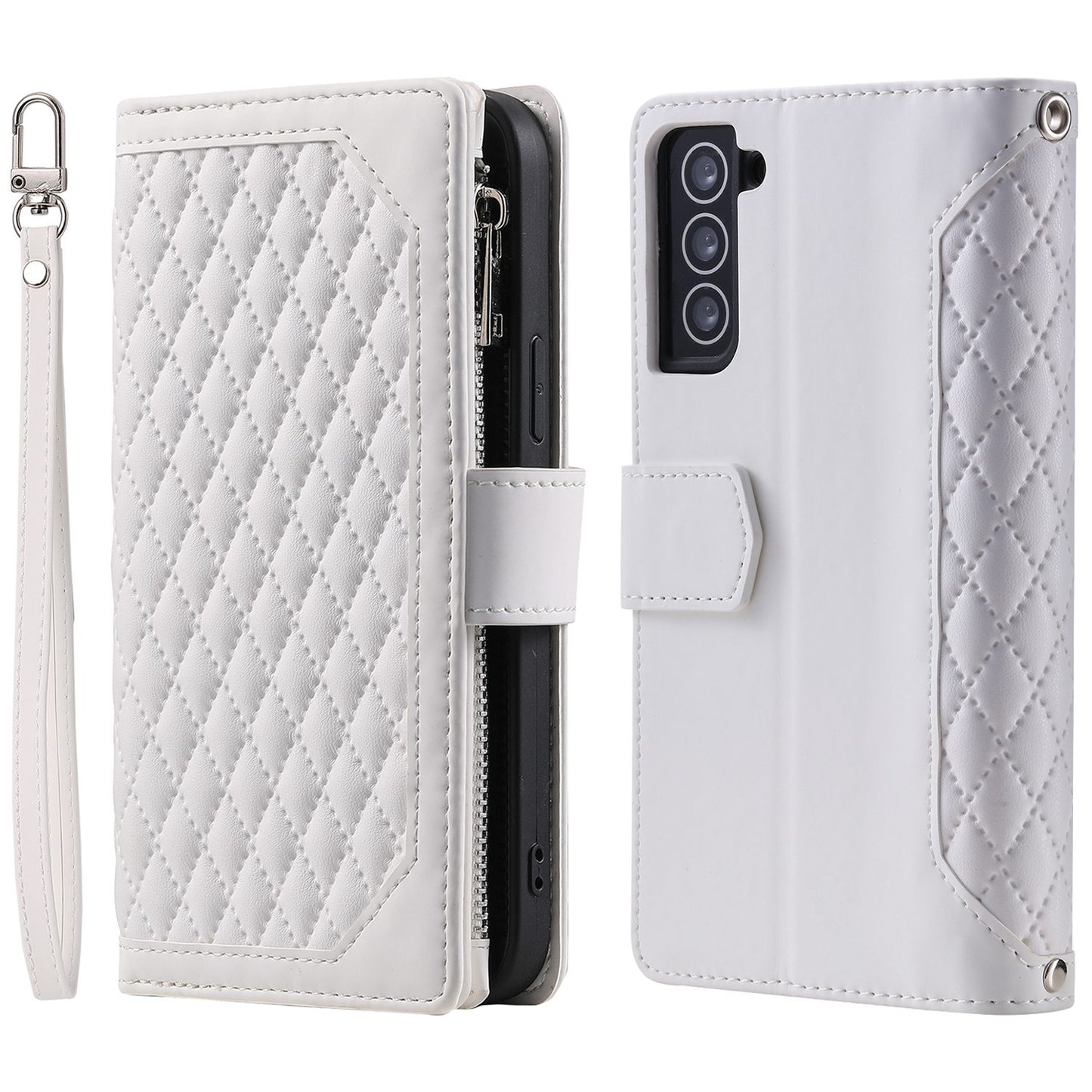 005 Style for Samsung Galaxy S21 4G / 5G Zipper Pocket Rhombus Texture Wallet Case PU Leather Stand Phone Cover with Wrist Strap