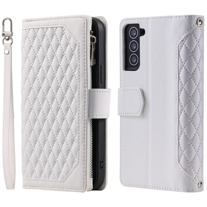 005 Style for Samsung Galaxy S21 4G / 5G Zipper Pocket Rhombus Texture Wallet Case PU Leather Stand Phone Cover with Wrist Strap