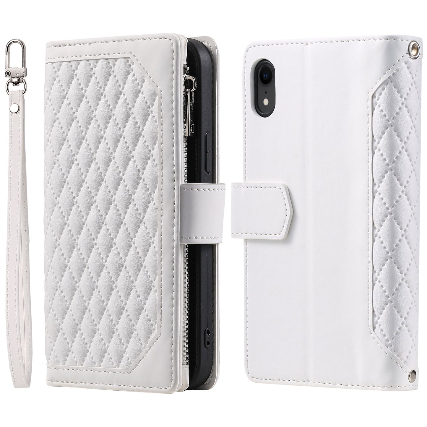 005 Style Zipper Pocket Phone Cover for iPhone XR 6.1 inch, Rhombus Texture Stand Wallet PU Leather Case with Wrist Strap