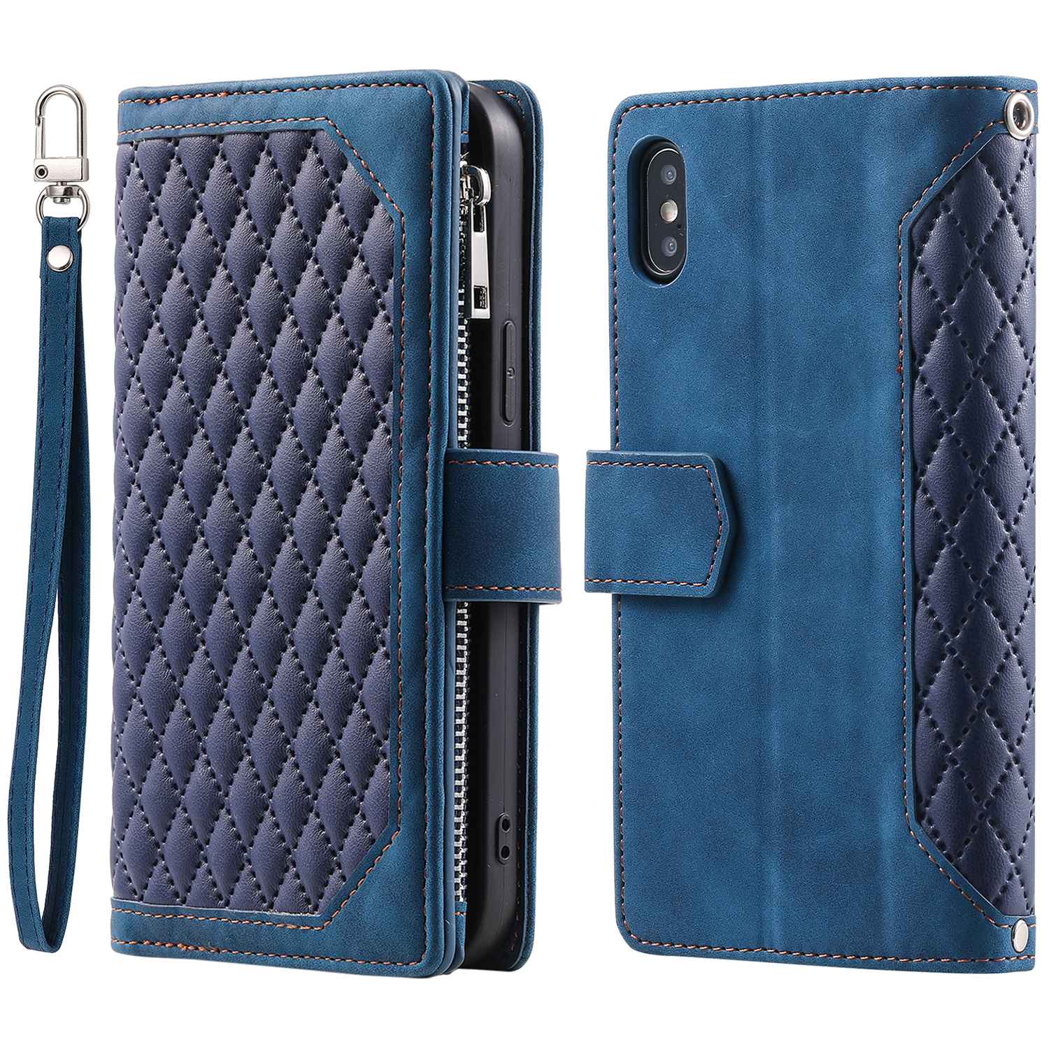 005 Style Leather Case with Strap for iPhone XS Max 6.5 inch, Rhombus Texture Zipper Pocket Phone Cover with Stand Wallet