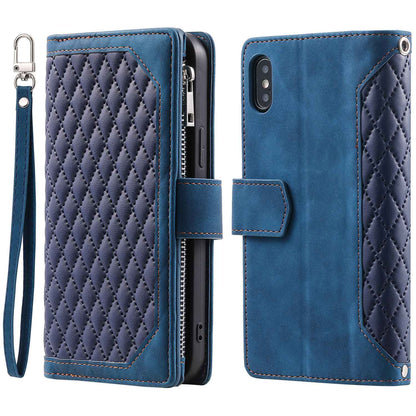 005 Style Leather Case with Strap for iPhone XS Max 6.5 inch, Rhombus Texture Zipper Pocket Phone Cover with Stand Wallet