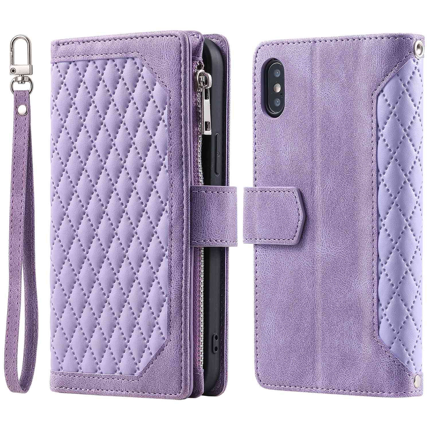 005 Style Leather Case with Strap for iPhone XS Max 6.5 inch, Rhombus Texture Zipper Pocket Phone Cover with Stand Wallet