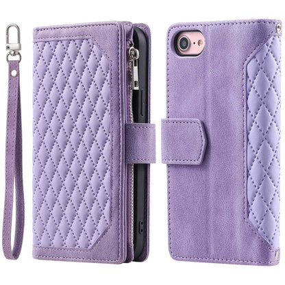 005 Style for iPhone SE (2022) / (2020) / 7 / 8 4.7 inch Rhombus Texture Leather Stand Case with Strap, Zipper Pocket Wallet Protective Phone Cover