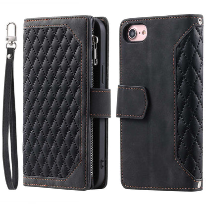 005 Style for iPhone SE (2022) / (2020) / 7 / 8 4.7 inch Rhombus Texture Leather Stand Case with Strap, Zipper Pocket Wallet Protective Phone Cover