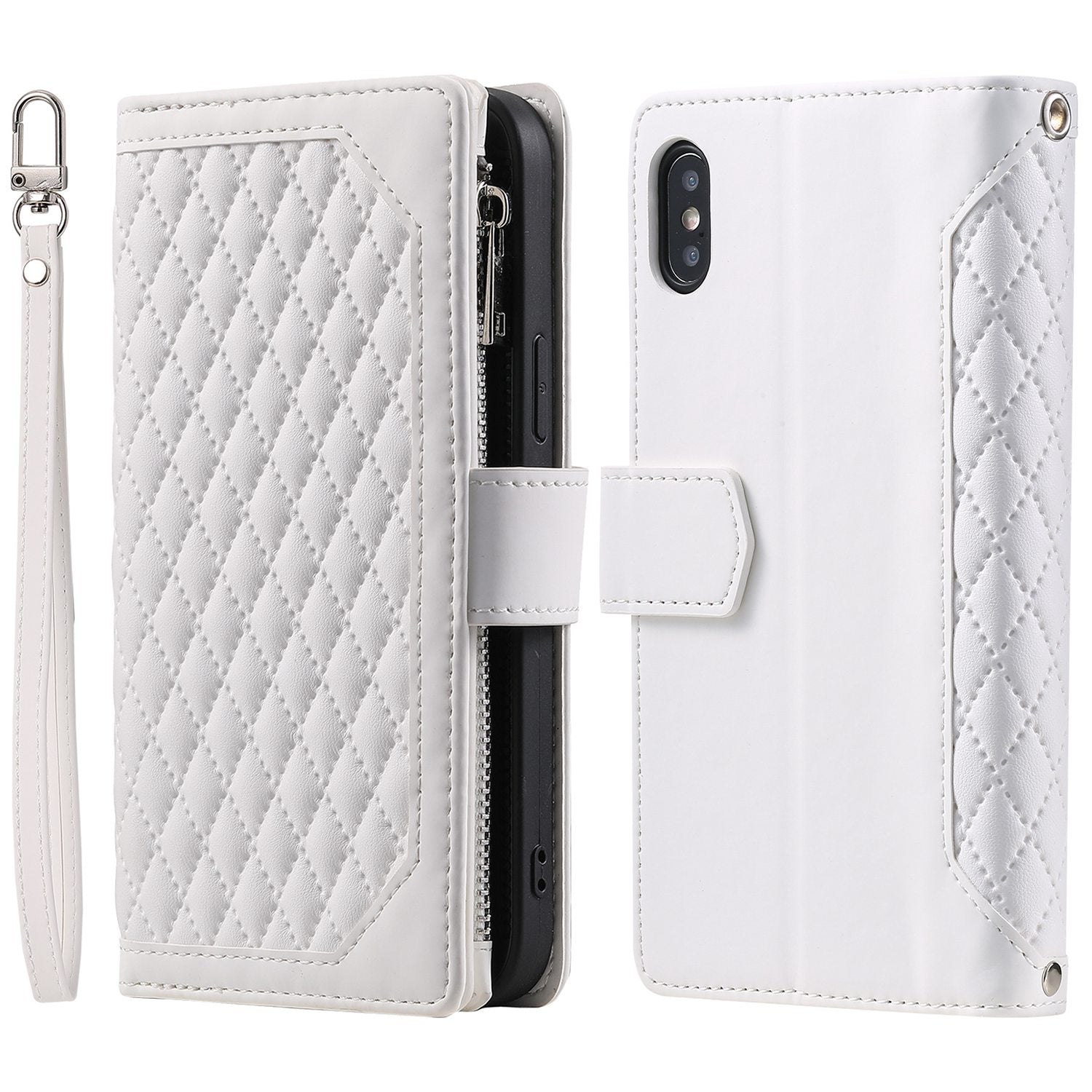 005 Style for iPhone X / XS Max 6.5 inch Rhombus Texture Stand Wallet Case Zipper Pocket PU Leather Phone Cover with Wrist Strap