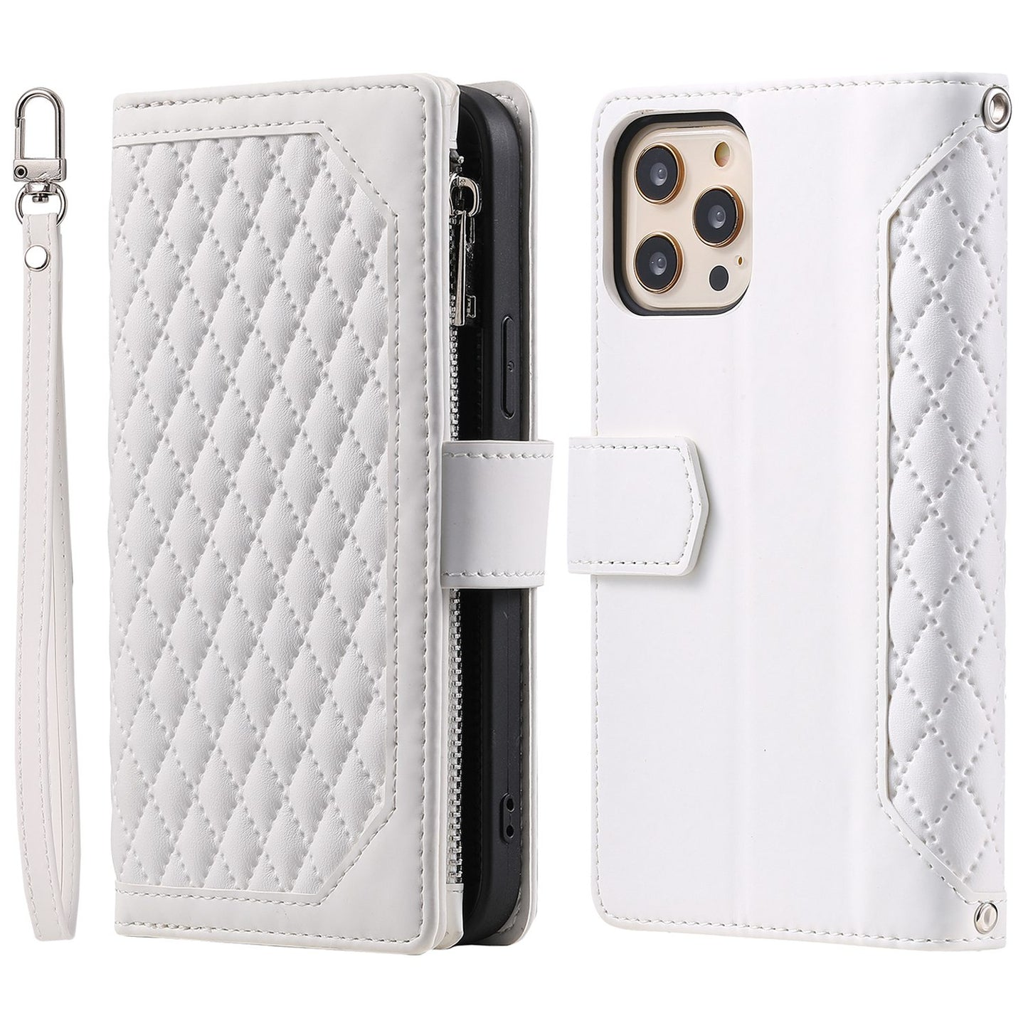 005 Style Zipper Pocket Stand Case for iPhone 11 Pro Max 6.5 inch, PU Leather Wallet Rhombus Texture Phone Shell Protector with Wrist Strap