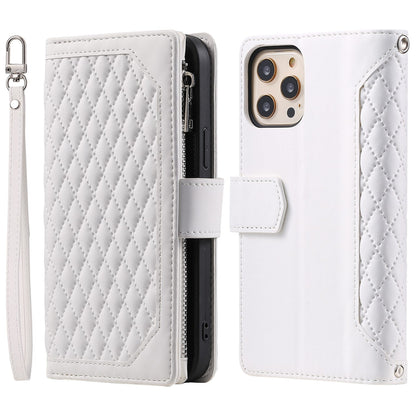 005 Style Zipper Pocket Stand Case for iPhone 11 Pro Max 6.5 inch, PU Leather Wallet Rhombus Texture Phone Shell Protector with Wrist Strap