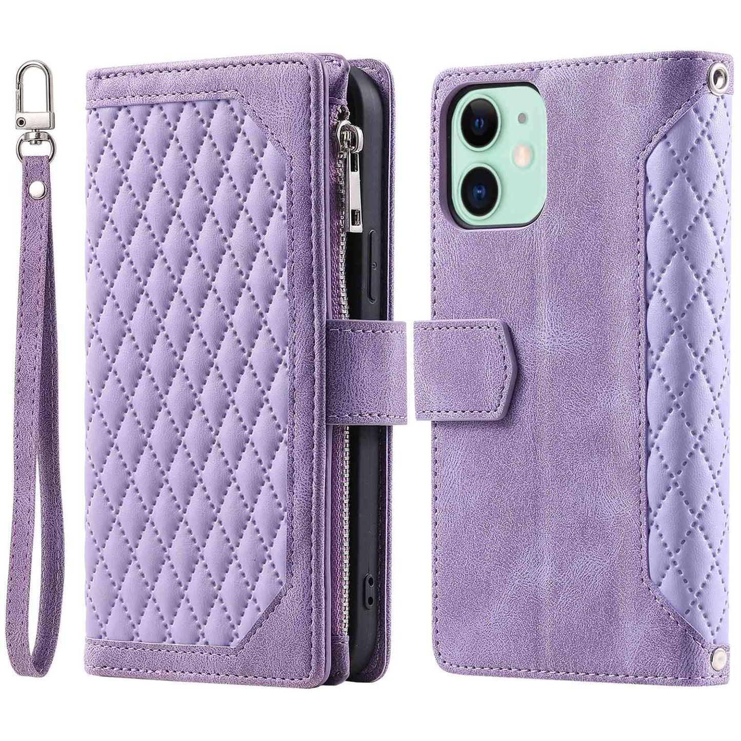 005 Style PU Leather Zipper Pocket Case for iPhone 12 mini 5.4 inch, Stand Rhombus Texture Anti-drop Phone Wallet Cover with Wrist Strap
