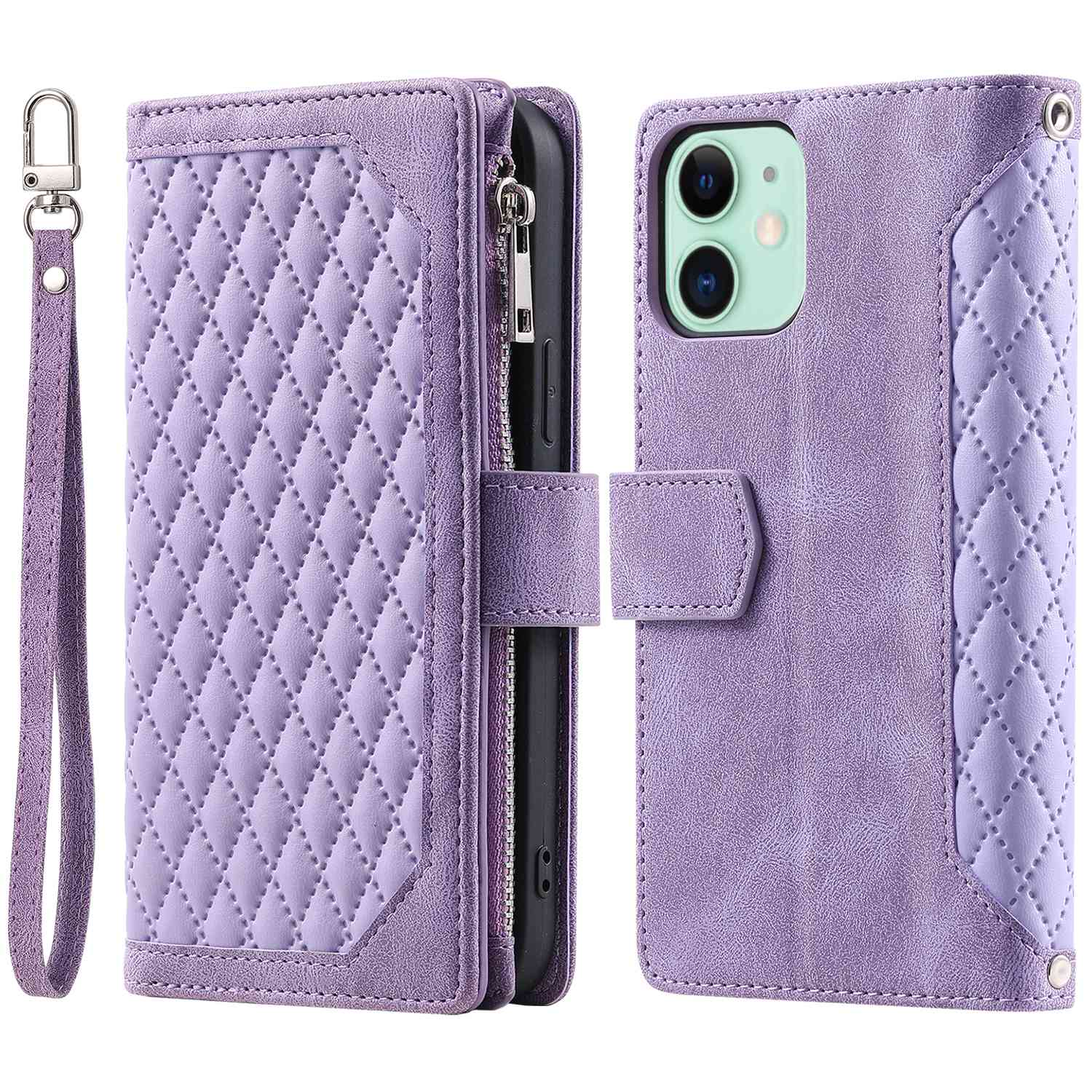 005 Style PU Leather Zipper Pocket Case for iPhone 12 mini 5.4 inch, Stand Rhombus Texture Anti-drop Phone Wallet Cover with Wrist Strap
