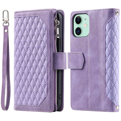 005 Style PU Leather Zipper Pocket Case for iPhone 12 mini 5.4 inch, Stand Rhombus Texture Anti-drop Phone Wallet Cover with Wrist Strap