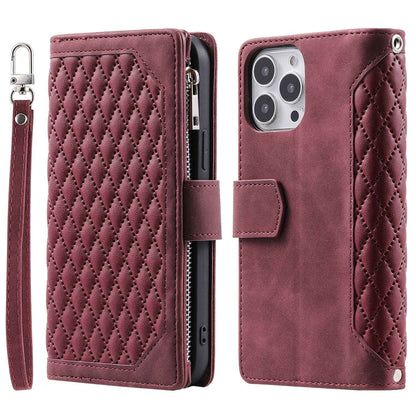 005 Style Rhombus Texture Phone Case for iPhone 14 Pro 6.1 inch, PU Leather Stand Wallet Zipper Pocket Cover with Wrist Strap