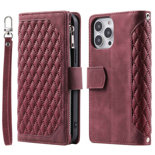 005 Style Rhombus Texture Phone Case for iPhone 14 Pro 6.1 inch, PU Leather Stand Wallet Zipper Pocket Cover with Wrist Strap