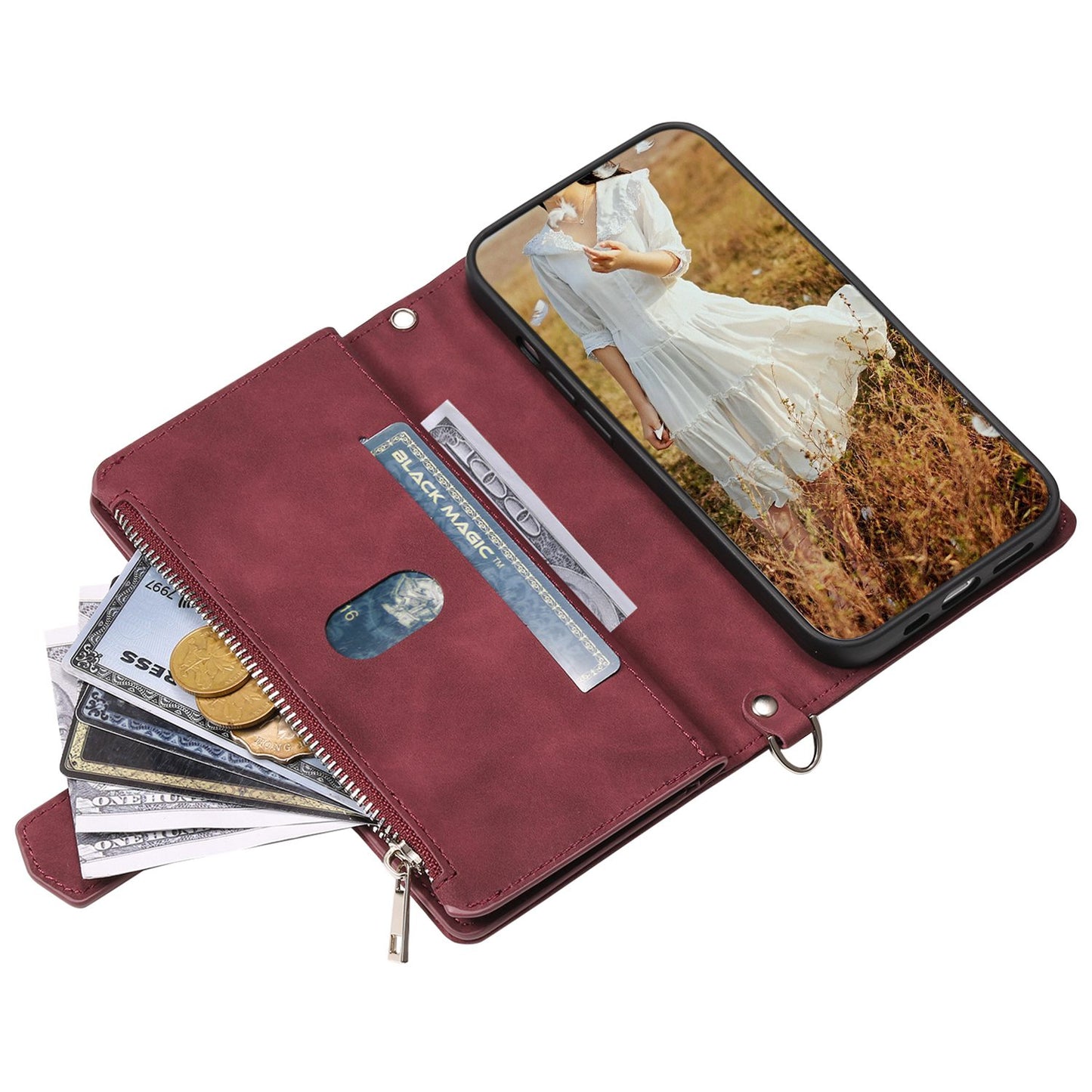 005 Style Rhombus Texture Stand Wallet Case for iPhone 14 6.1 inch, PU Leather Zipper Pocket Phone Shell with Wrist Strap