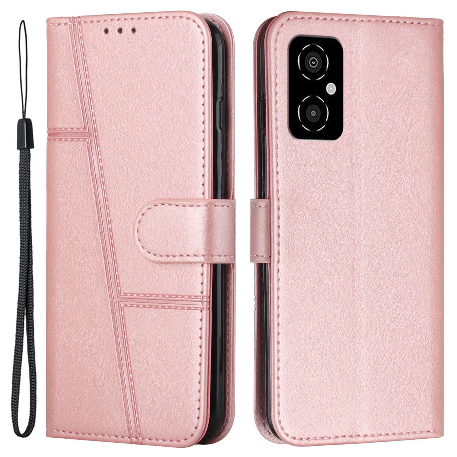 For Xiaomi Poco M4 5G Mobile Phone Case Bag Simple Style Imprinted Stitching Stand PU Leather Phone Cover Wallet with Strap