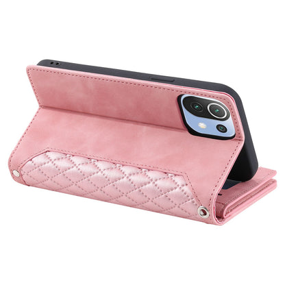 005 Style For Xiaomi Mi 11 Lite 4G / 5G / 5G NE, Rhombus Texture PU Leather Zipper Pocket Phone Case Shockproof Wallet Cover Viewing Stand with Strap