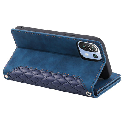 005 Style For Xiaomi Mi 11 Lite 4G / 5G / 5G NE, Rhombus Texture PU Leather Zipper Pocket Phone Case Shockproof Wallet Cover Viewing Stand with Strap