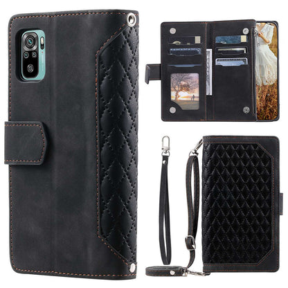 005 Style Phone Case for Xiaomi Poco M5s 4G / Redmi Note 10 4G / Redmi Note 10S 4G, Wear-resistant Anti-drop Leather Rhombus Texture Stand Wallet Cover with Zipper Pocket