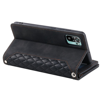 005 Style Phone Case for Xiaomi Poco M5s 4G / Redmi Note 10 4G / Redmi Note 10S 4G, Wear-resistant Anti-drop Leather Rhombus Texture Stand Wallet Cover with Zipper Pocket