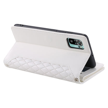 005 Style Phone Case for Xiaomi Poco M5s 4G / Redmi Note 10 4G / Redmi Note 10S 4G, Wear-resistant Anti-drop Leather Rhombus Texture Stand Wallet Cover with Zipper Pocket