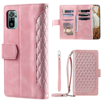005 Style Phone Case for Xiaomi Poco M5s 4G / Redmi Note 10 4G / Redmi Note 10S 4G, Wear-resistant Anti-drop Leather Rhombus Texture Stand Wallet Cover with Zipper Pocket