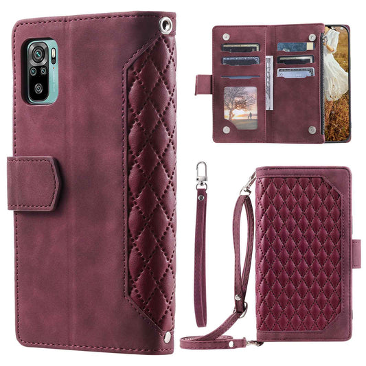 005 Style Phone Case for Xiaomi Poco M5s 4G / Redmi Note 10 4G / Redmi Note 10S 4G, Wear-resistant Anti-drop Leather Rhombus Texture Stand Wallet Cover with Zipper Pocket