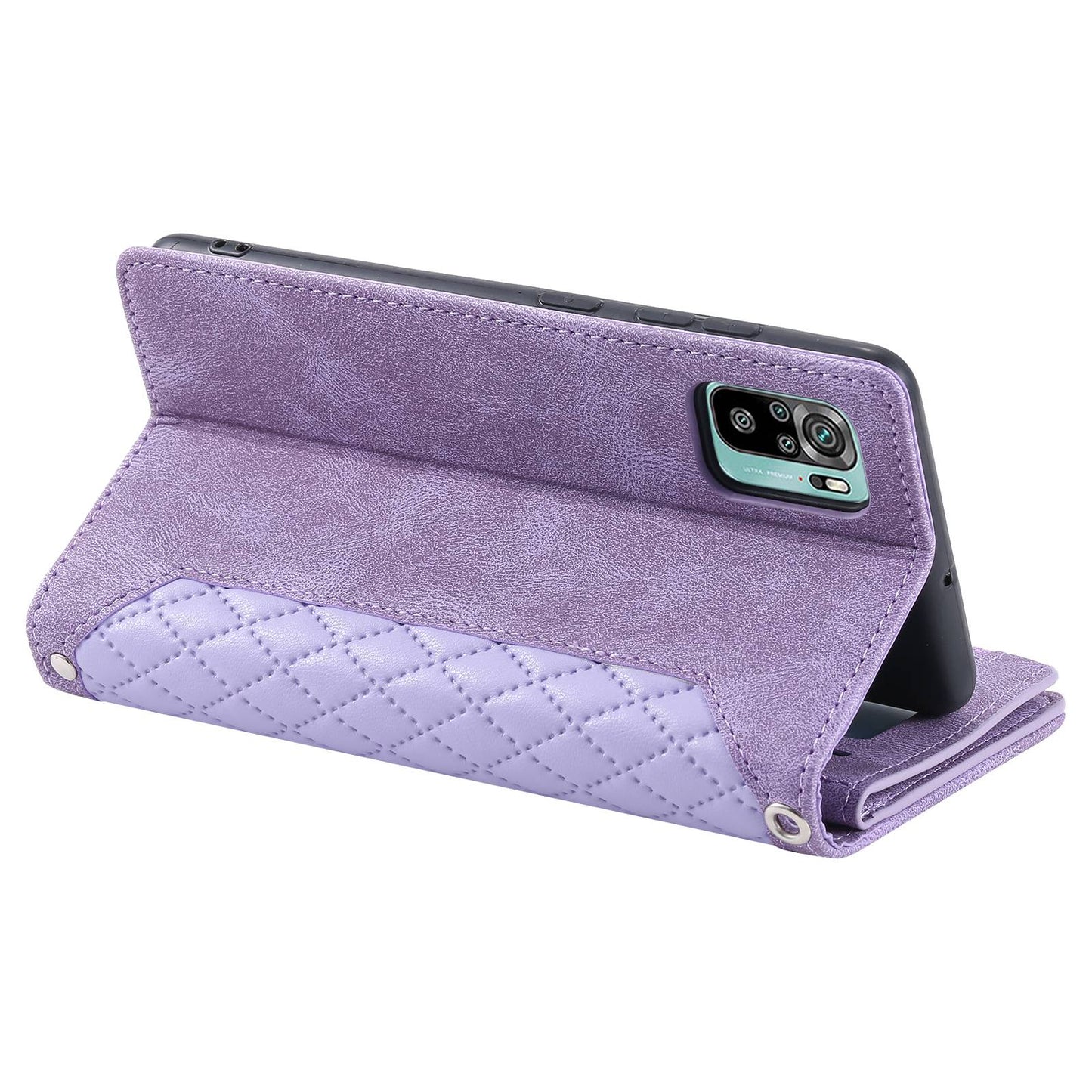 005 Style Phone Case for Xiaomi Poco M5s 4G / Redmi Note 10 4G / Redmi Note 10S 4G, Wear-resistant Anti-drop Leather Rhombus Texture Stand Wallet Cover with Zipper Pocket