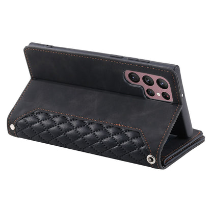 005 Style For Samsung Galaxy S22 Ultra 5G, Shockproof Phone Wallet Cover Zipper Pocket Anti-wear Case Rhombus Texture PU Leather Shell Stand with Strap Card Holder