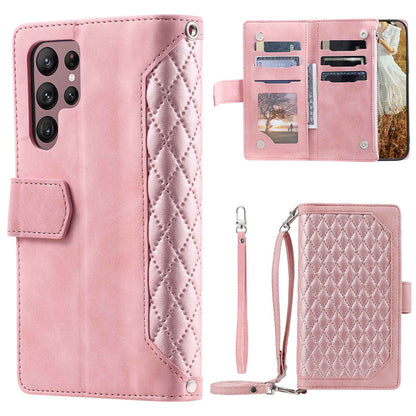 005 Style For Samsung Galaxy S22 Ultra 5G, Shockproof Phone Wallet Cover Zipper Pocket Anti-wear Case Rhombus Texture PU Leather Shell Stand with Strap Card Holder