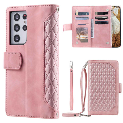 005 Style For Samsung Galaxy S21 Ultra 5G, Full Protection Phone Wallet Cover Zipper Pocket Case Rhombus Texture PU Leather Shell Stand with Strap Card Holder