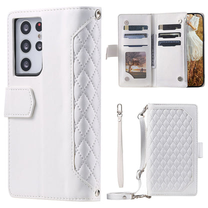005 Style For Samsung Galaxy S21 Ultra 5G, Full Protection Phone Wallet Cover Zipper Pocket Case Rhombus Texture PU Leather Shell Stand with Strap Card Holder