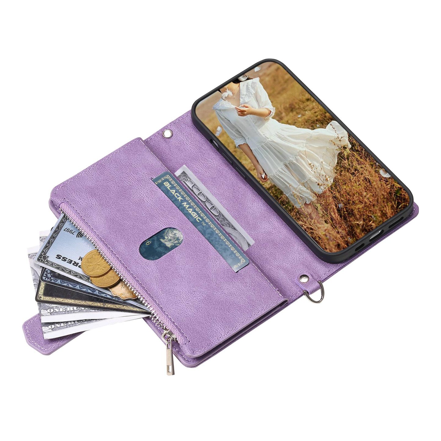 005 Style For Samsung Galaxy S22 5G, Anti-fall Rhombus Texture PU Leather Phone Case Zipper Pocket Wallet Stand Protective Phone Shell with Strap