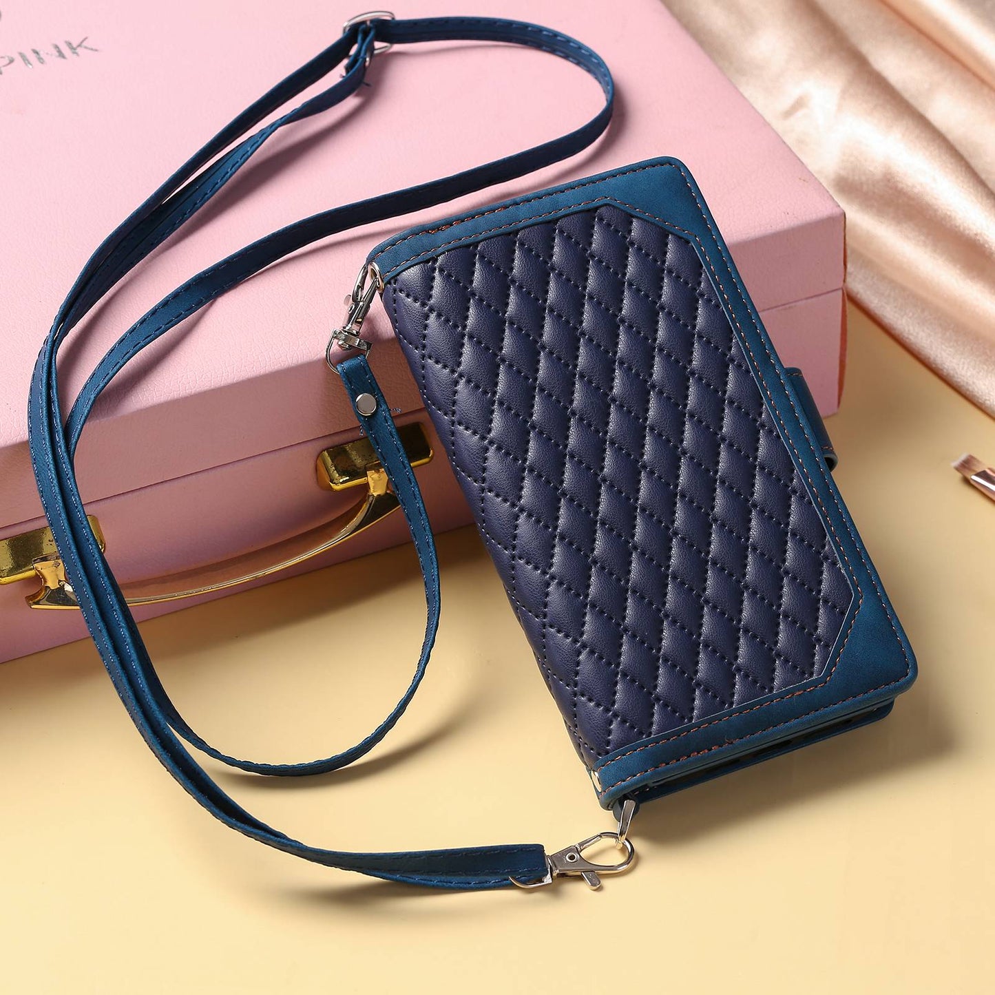 005 Style For Samsung Galaxy S22 5G, Anti-fall Rhombus Texture PU Leather Phone Case Zipper Pocket Wallet Stand Protective Phone Shell with Strap
