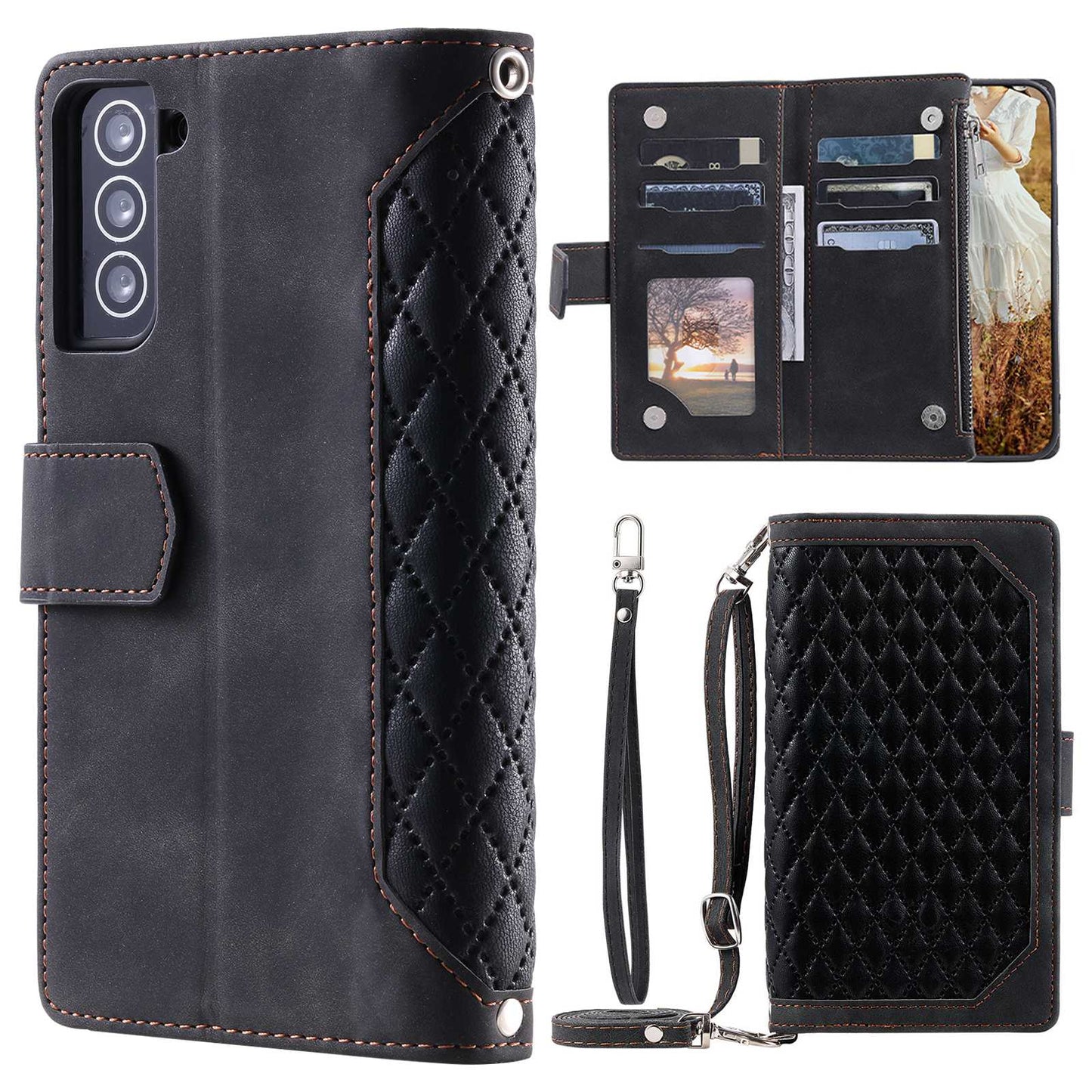 005 Style For Samsung Galaxy S22 5G, Anti-fall Rhombus Texture PU Leather Phone Case Zipper Pocket Wallet Stand Protective Phone Shell with Strap